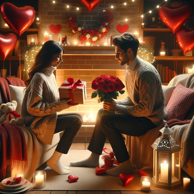 Man and Woman exchanging Valentine's Day Gifts in romantic setting